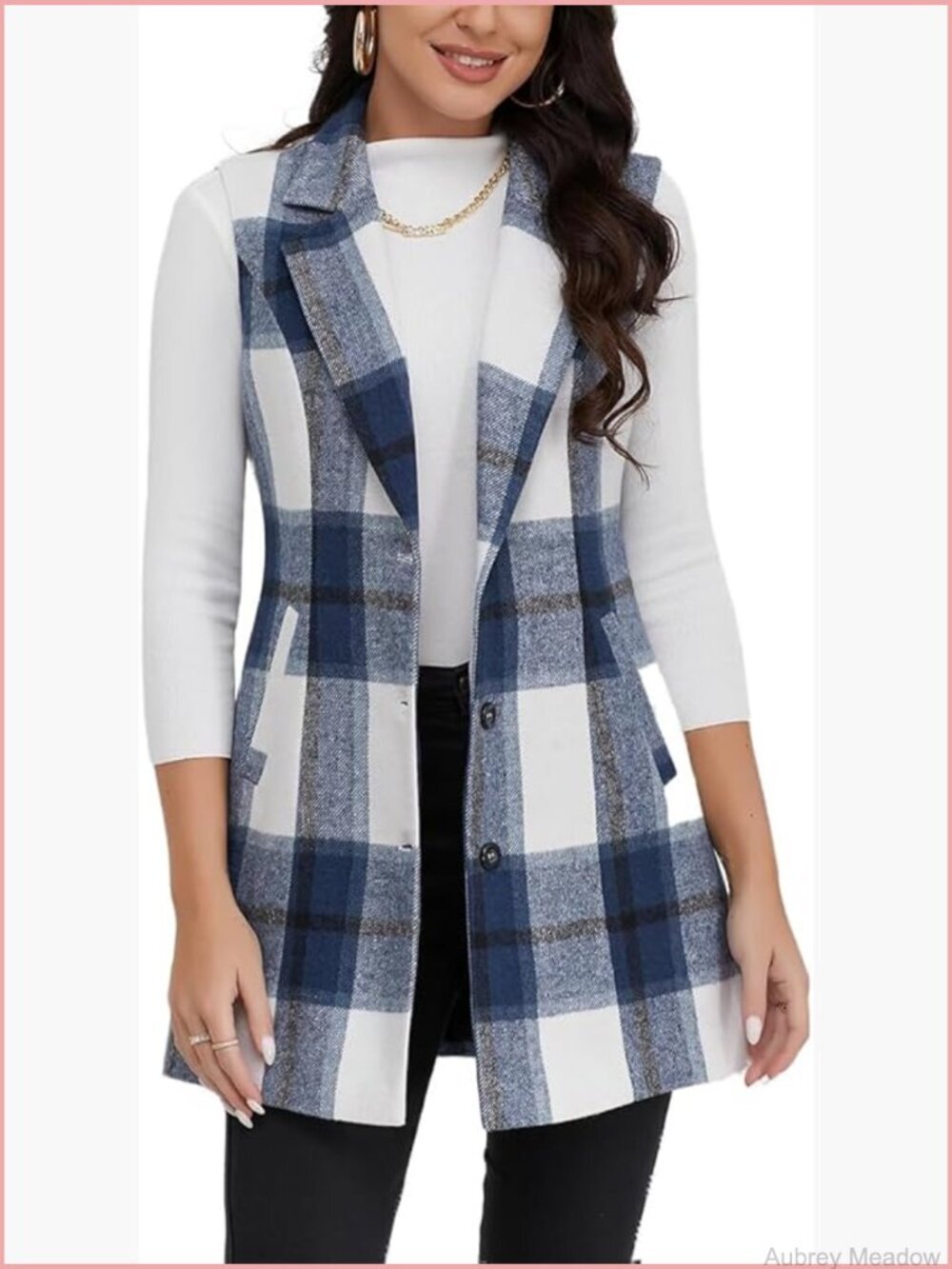 Wool Plaid Long Vest Sleeveless Blazer Jacket Lapel Fall Winter Outerwear